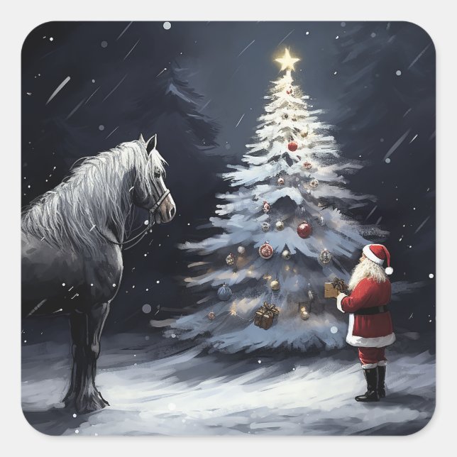 Silent Night - Beautiful Horse and Santa Christmas Square Sticker (Front)