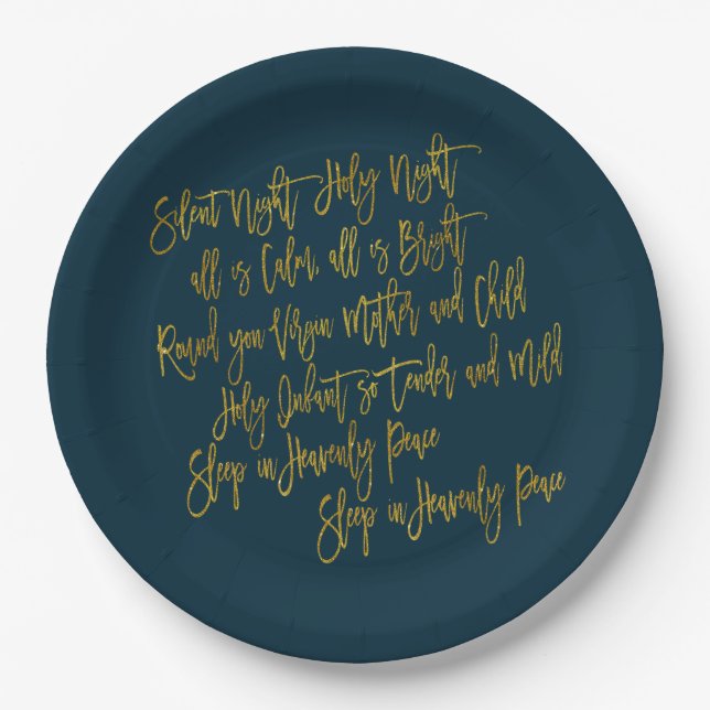 Silent Night Christmas Carol Lyrics Gold Navy Paper Plates (Front)