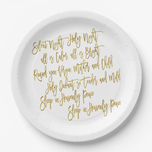 Silent Night Christmas Carol Lyrics Gold White Paper Plates (Front)