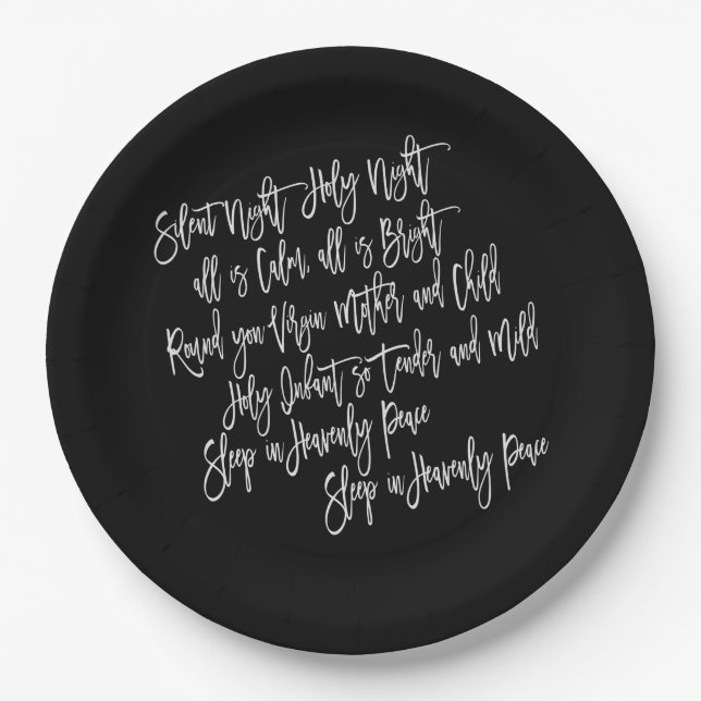 Silent Night Christmas Carol Lyrics White Black Paper Plates (Front)