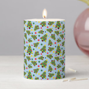 Silent Night Christmas Trees & Stars Light Blue Pillar Candle