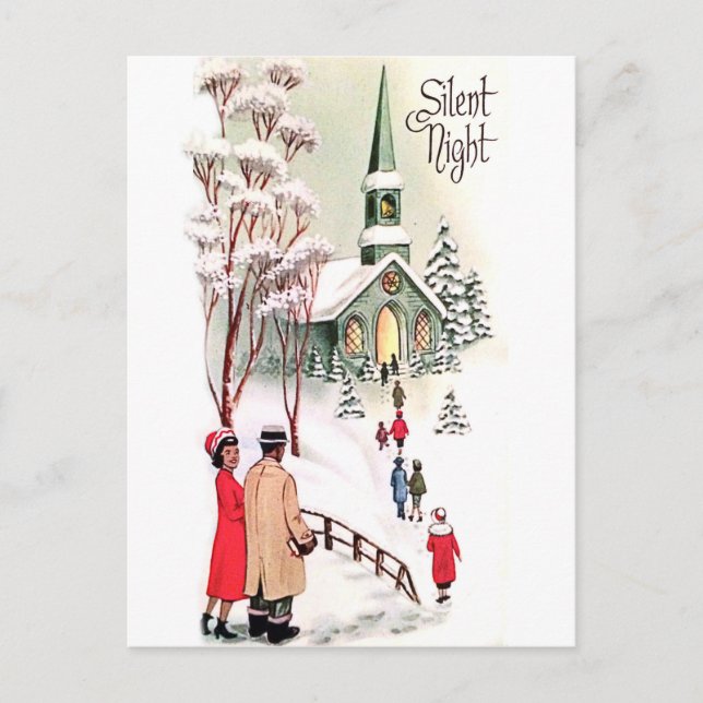 Silent night, church at Christmas, vintage holiday Postcard (Front)