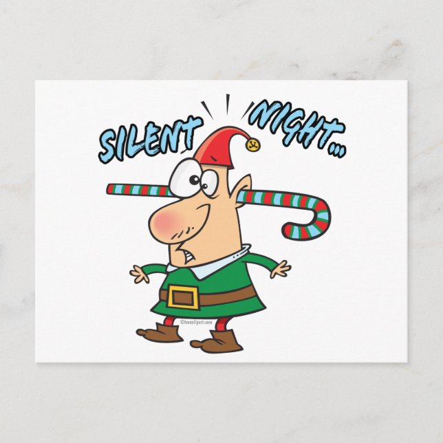 silent night elf ear candy cane stuffed humor postcard (Front)