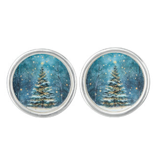 Silent Night Glow Bright Christmas Forest Tree Cufflinks