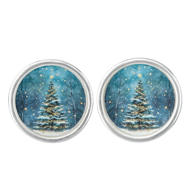 Silent Night Glow Bright Christmas Forest Tree Cufflinks (Front)