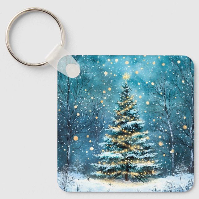 Silent Night Glow Bright Christmas Forest Tree Keychain (Front)