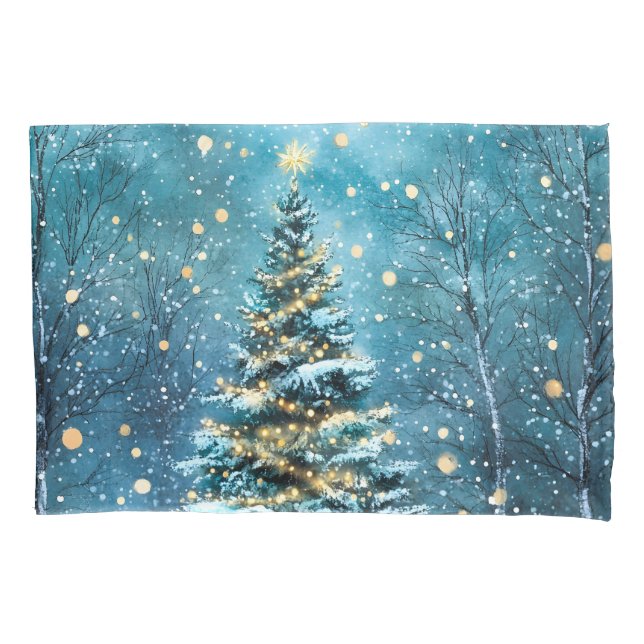 Silent Night Glow Bright Christmas Forest Tree Pillow Case (Front)