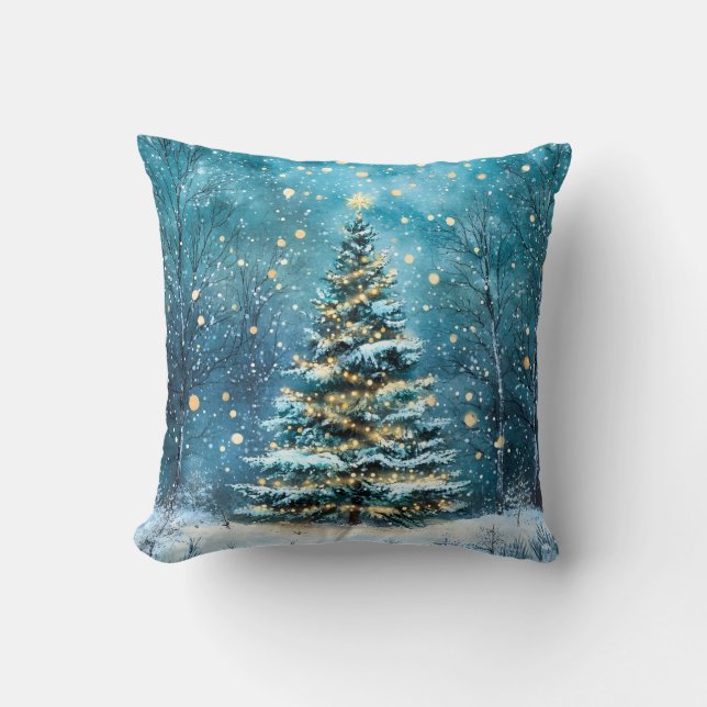 Silent Night Glow Bright Christmas Forest Tree Throw Pillow (Front)