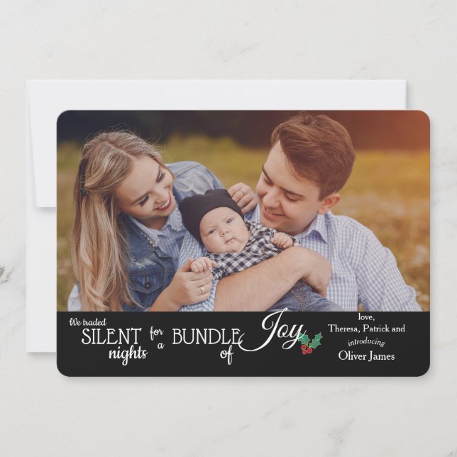 Silent Night Holiday Photo Birth Announcement (Front)