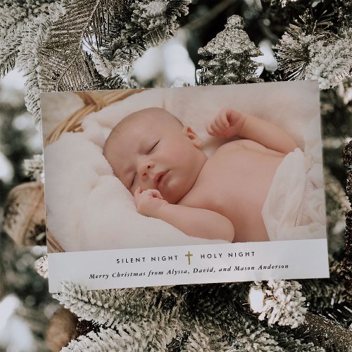 Silent Night Holy Night  Gold Cross and Photo Holiday Card