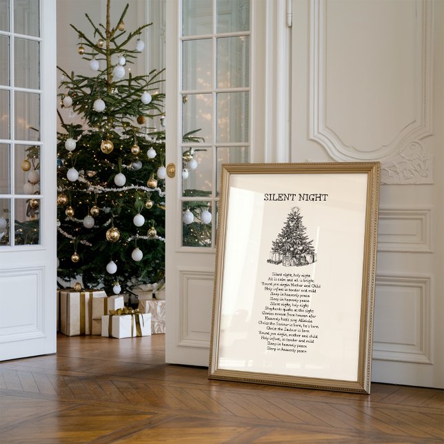 Silent Night Hymn Lyrics Wall Print (A framed Christian hymn print titled “Silent night” with the whole hymn lyrics in bold black letters)