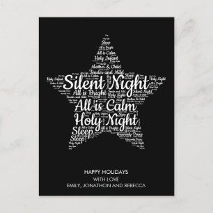 Silent Night Lyrics Star Shape WordArt White Black Holiday Postcard