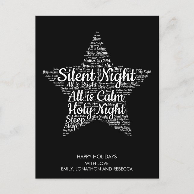 Silent Night Lyrics Star Shape WordArt White Black Holiday Postcard (Front)