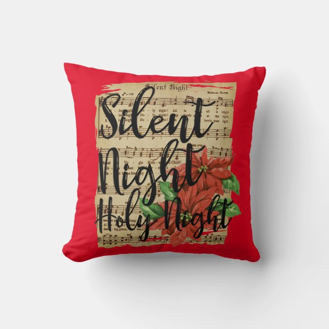 Silent Night Lyrics with Poinsettias  Throw Pillow (Front)