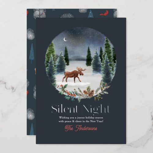 Silent Night Moose Winter Night Forest Christmas Foil Holiday Card