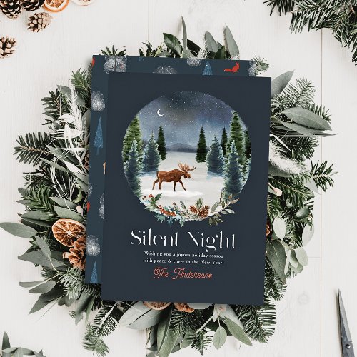 Silent Night Moose Winter Night Forest Christmas Foil Holiday Card