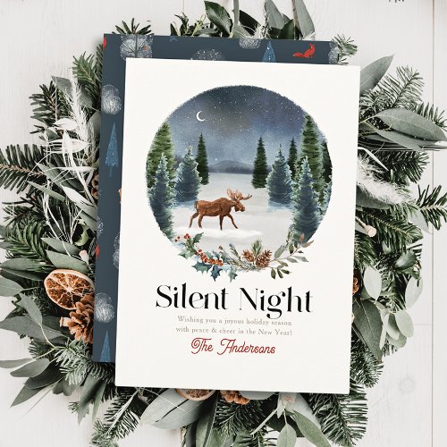 Silent Night Moose Winterscape Christmas Holiday Card