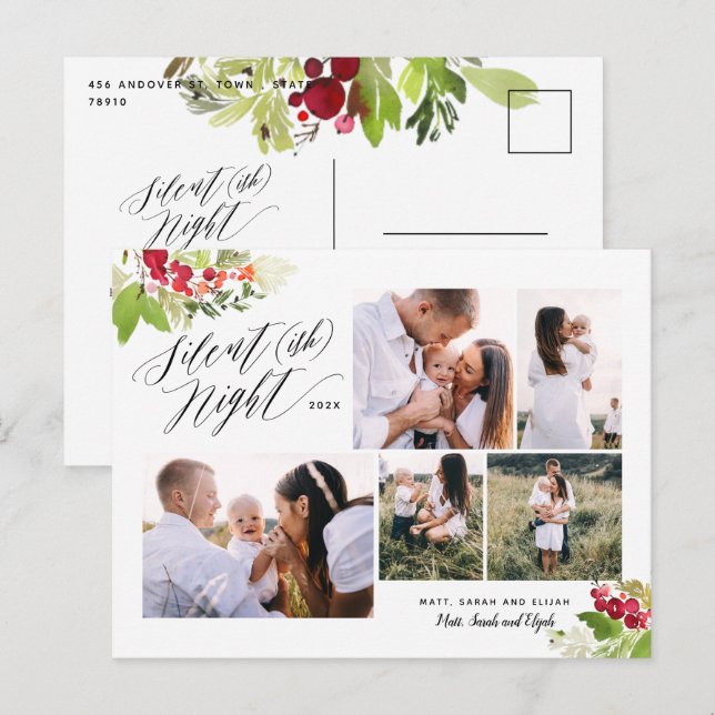 Silent night multi photo red green foliage funny holiday postcard (Front/Back)