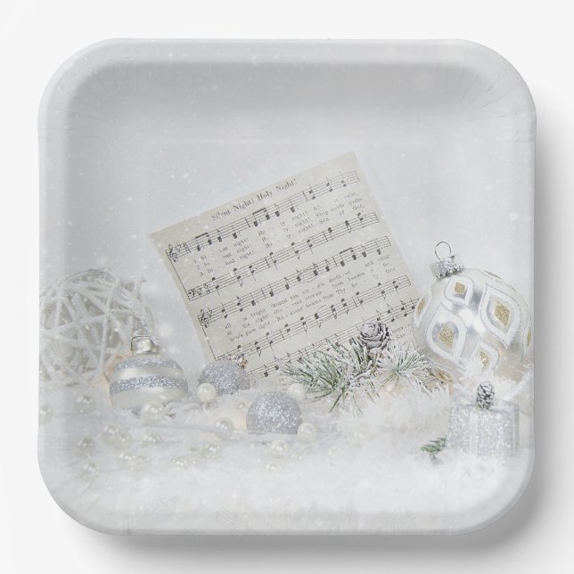 Silent Night Music In Snowflakes Paper Plates (Front)