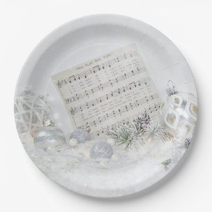 Silent Night Music With Ornaments Paper Plate