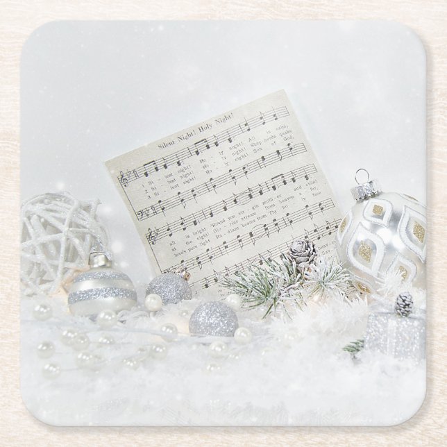 Silent Night Music With Ornaments  Square Paper Coaster (Front)