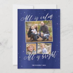 Silent Night Photo Christmas Card, Navy Blue Gold Holiday Card