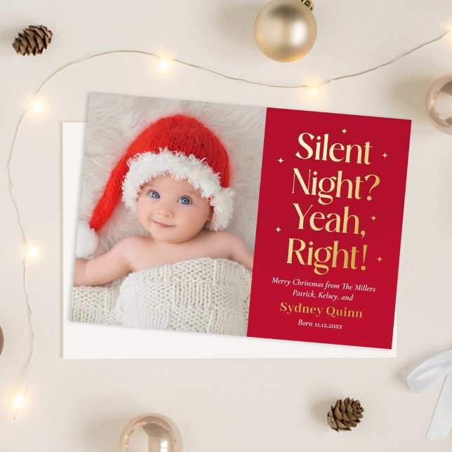 Silent Night Real Foil Holiday Birth Announcement (Creator Uploaded)