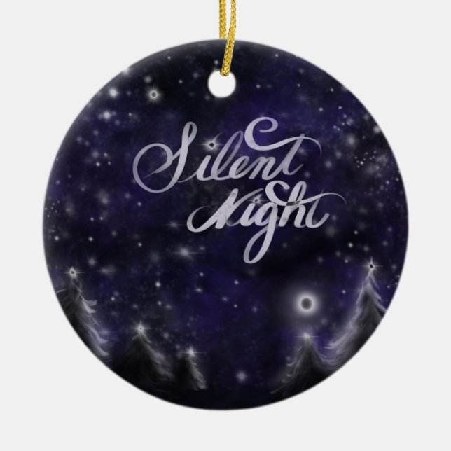 Silent Night - romantic forest Holiday snow scene Ceramic Ornament (Front)
