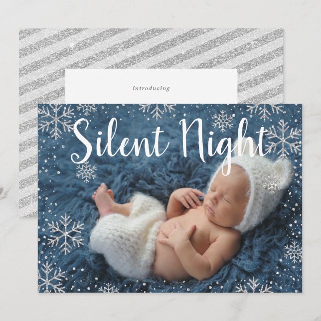 Silent Night Silver Snowflakes Holiday Baby Birth Invitation (Front/Back)