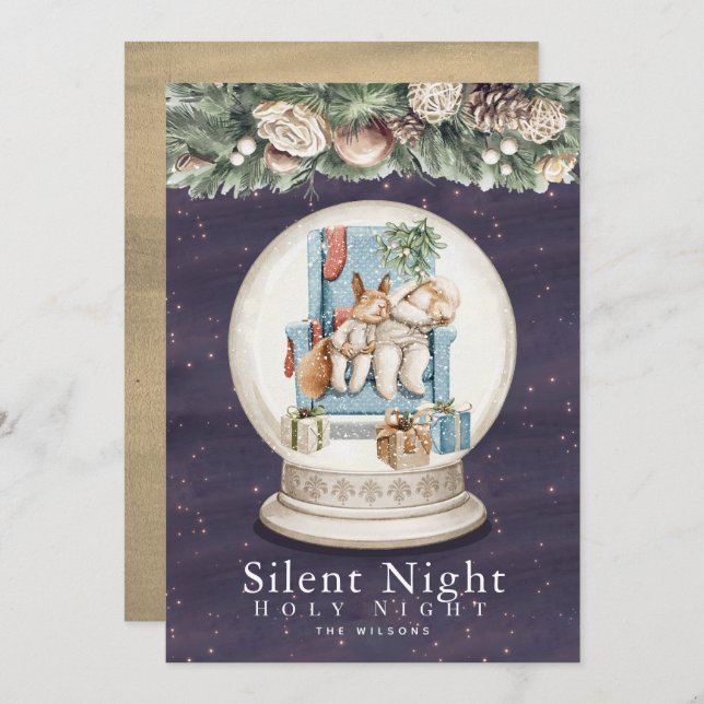 Silent Night Sleeping Animals Snow Globe Holiday Card (Front/Back)