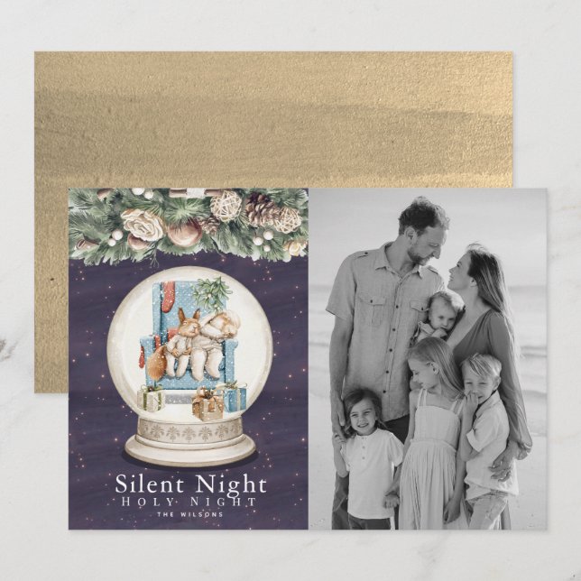 Silent Night Sleeping Animals Snow Globe Photo Holiday Card (Front/Back)