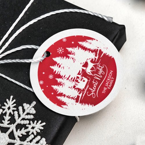 Silent night sleight pines snowflake red  white favor tags