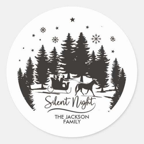Silent night sleight snowflakes pines silhouettes classic round sticker