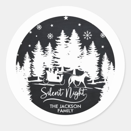 Silent night sleight snowflakes pines silhouettes classic round sticker
