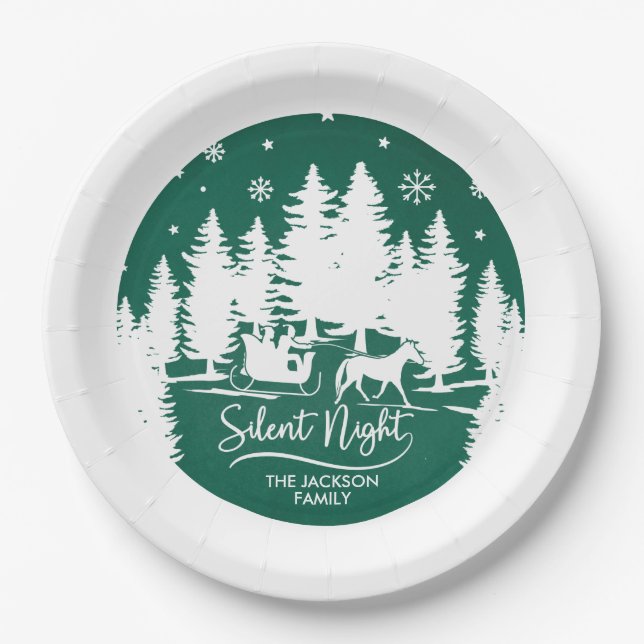 Silent night sleight snowflakes pines silhouettes paper plates (Front)