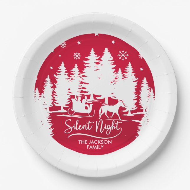 Silent night sleight snowflakes pines silhouettes paper plates (Front)