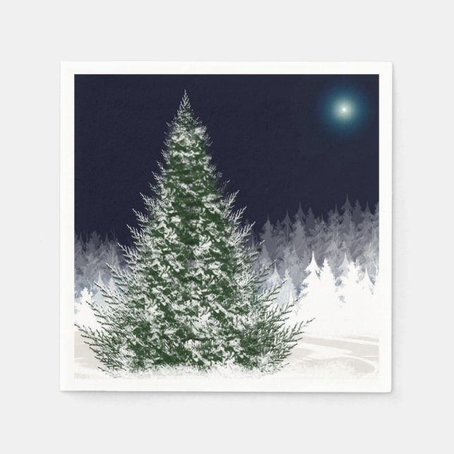 Silent Night Snow Covered Christmas Tree Holiday Paper Napkins (Front)