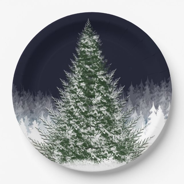 Silent Night Snow Covered Christmas Tree Holiday Paper Plates (Front)