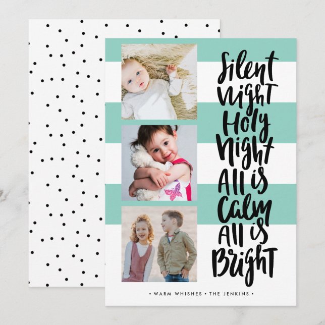 Silent Night three photo holidays Christmas | Mint Invitation (Front/Back)