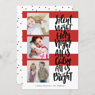Silent Night three photo holidays Christmas Red Invitation