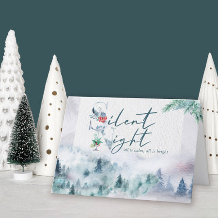 Silent Night Watercolor Misty Pine Forest Holiday Card