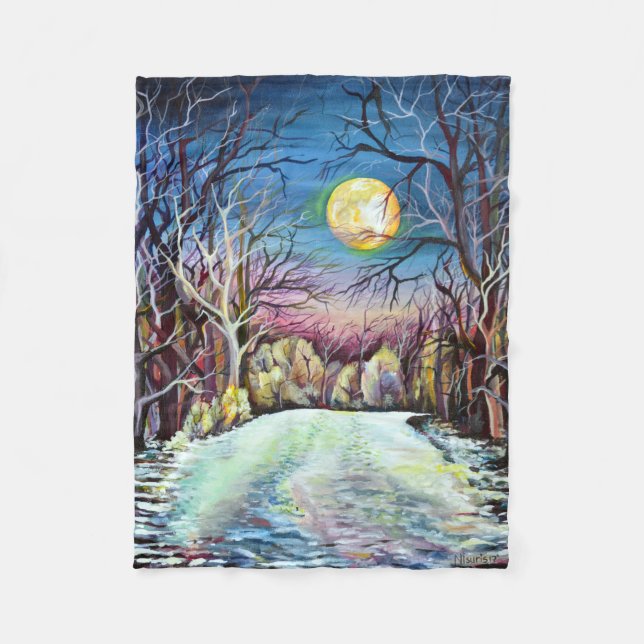Silent Night Winter Full Moon in Sweden Fleece Blanket (Front)