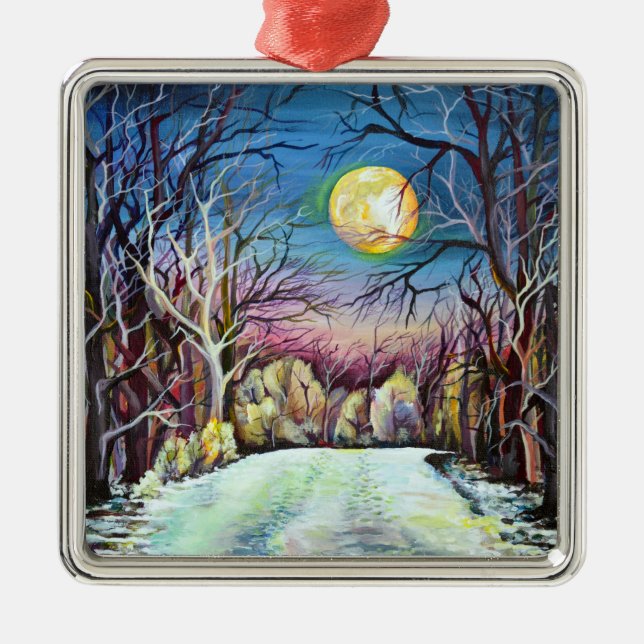 Silent Night Winter Full Moon in Sweden Metal Ornament (Front)