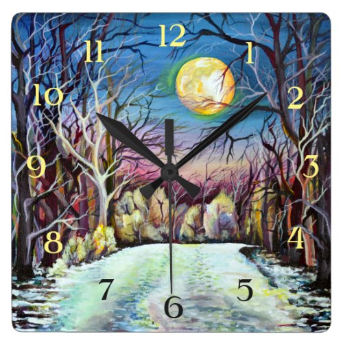 Silent Night Winter Full Moon in Sweden - Numbers Square Wall Clock