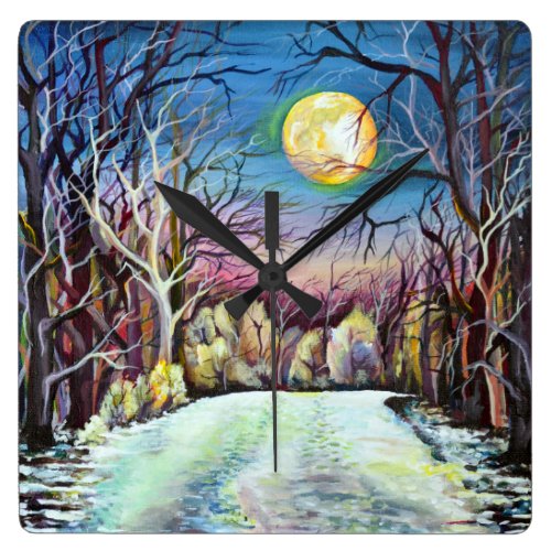 Silent Night Winter Full Moon in Sweden Square Wall Clock