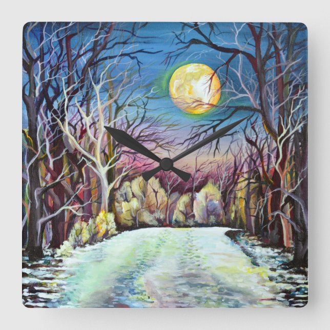 Silent Night Winter Full Moon in Sweden Square Wall Clock (Front)