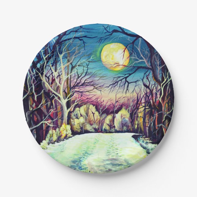 Silent Night Winter Full Moon Paper Plates (Front)
