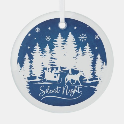 Silent night with sleight snowflakes pines blue glass ornament