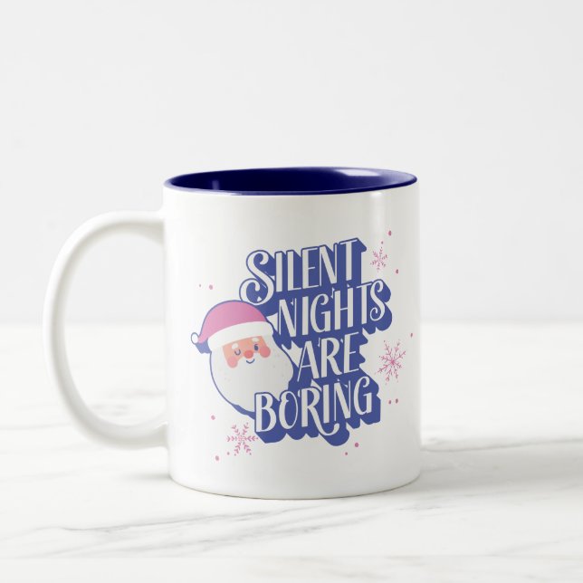 Silent Nights Are Boring Funny Winking Santa Emoji Two-Tone Coffee Mug (Left)