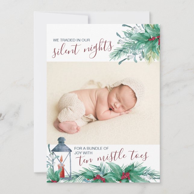 Silent Nights for Ten Mistle Toes Holiday Birth Announcement (Front)